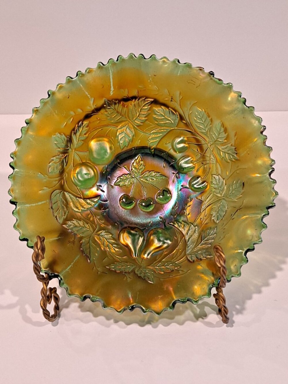 Vintage Northwood 9" 3 Fruits Ruffled Smooth Bowl Green Carnival Glass